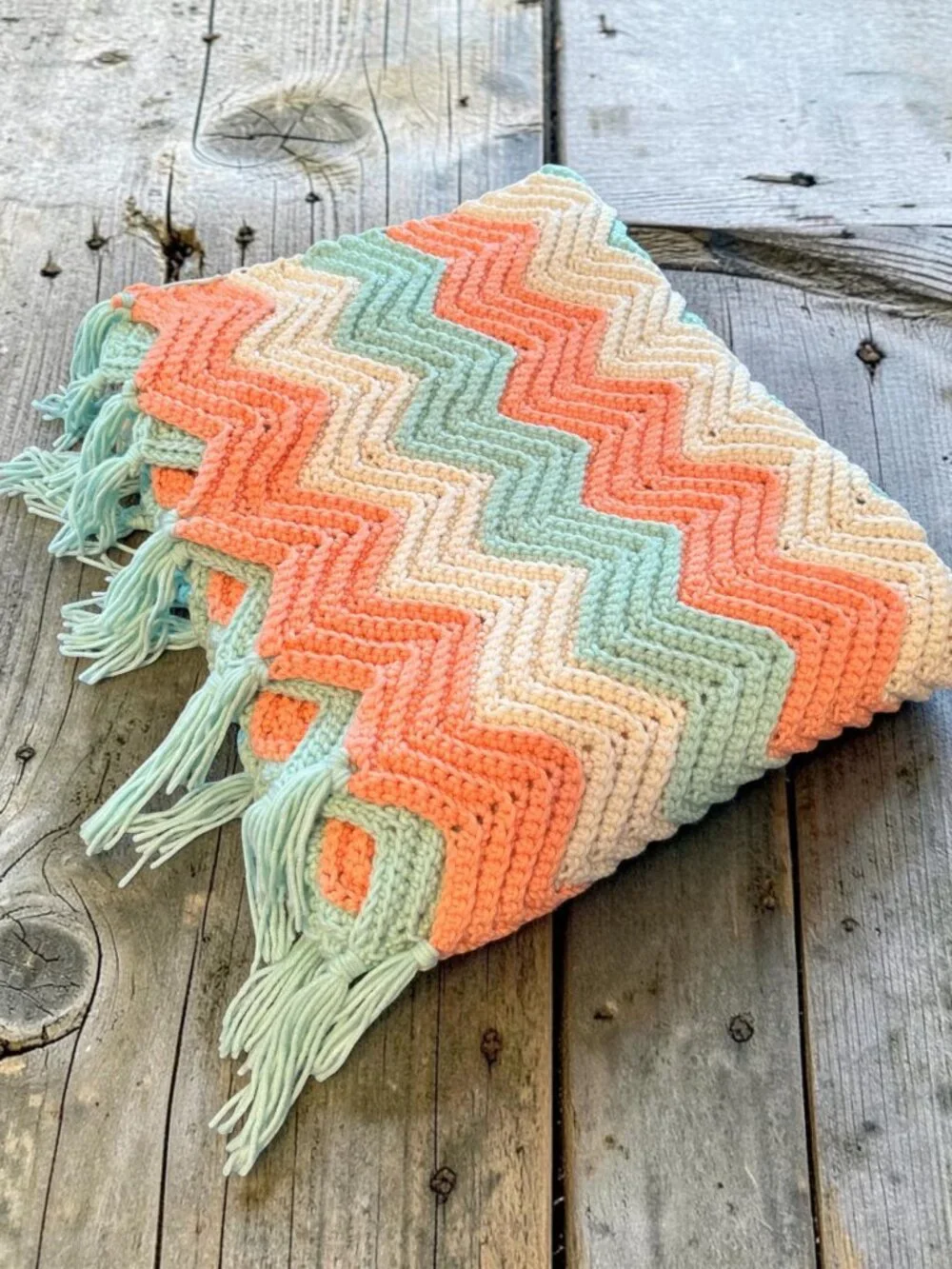 Chevron Crochet Blanket With Tassels Multicolor Zigzag Pattern Soft Throw For Ho